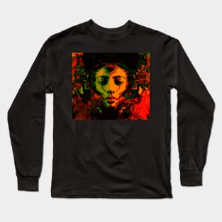 Beautiful girl face, near flowers. Green and orange. Fantasy, sci-fi. Long Sleeve T-Shirt